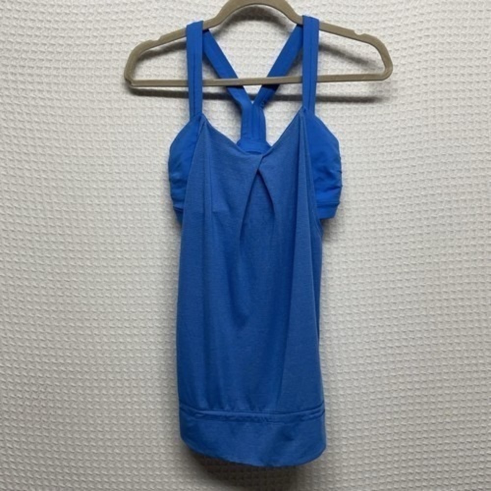 Lululemon Cornflower Blue With Built In Bra Heathered Rest Less Tank Top Women S